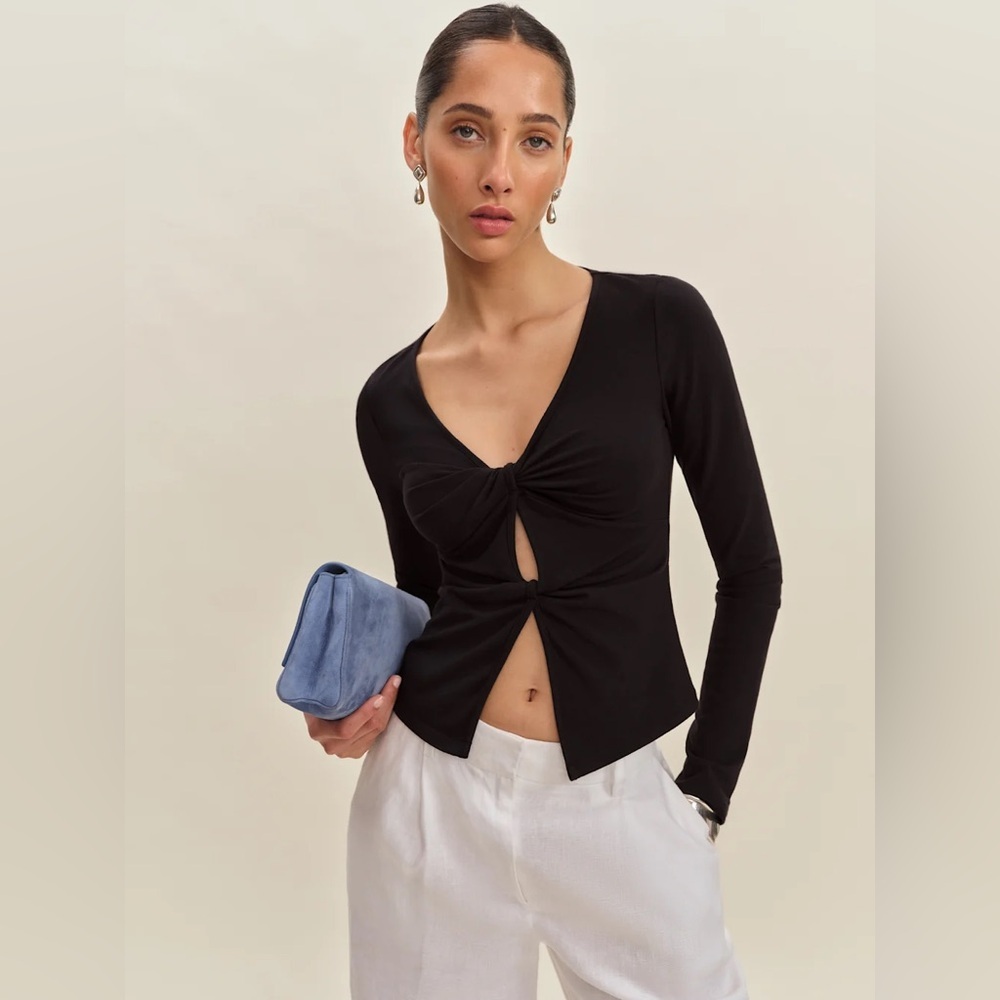 new Reformation Silas twist cutout long sleeve knit top in black